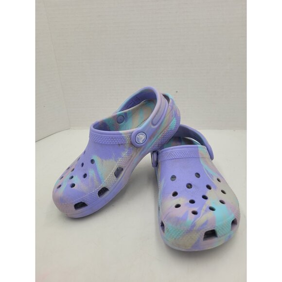 Classic Digital Aqua Purple Multi Colored Marbled Tie Dye Crocs Clogs Kids J1 - Picture 1 of 13